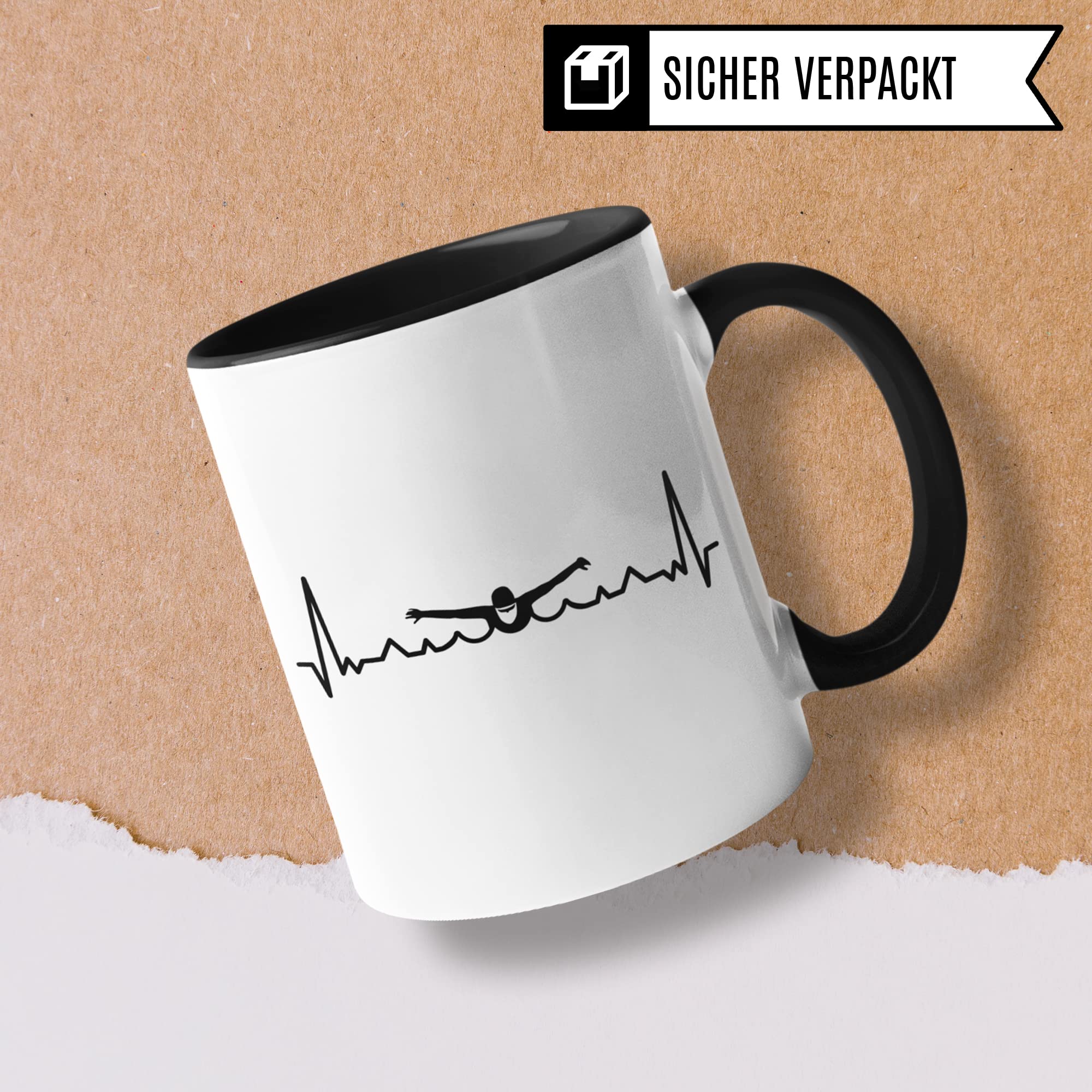 Tasse Schwimmen, Geschenk Schwimmen, Kaffeetasse mit Schwimmen Herzschlag Motiv, Schwimmlehrerin Geschenk-Idee Schwimmlehrer Schwimmbad Kaffee-Becher