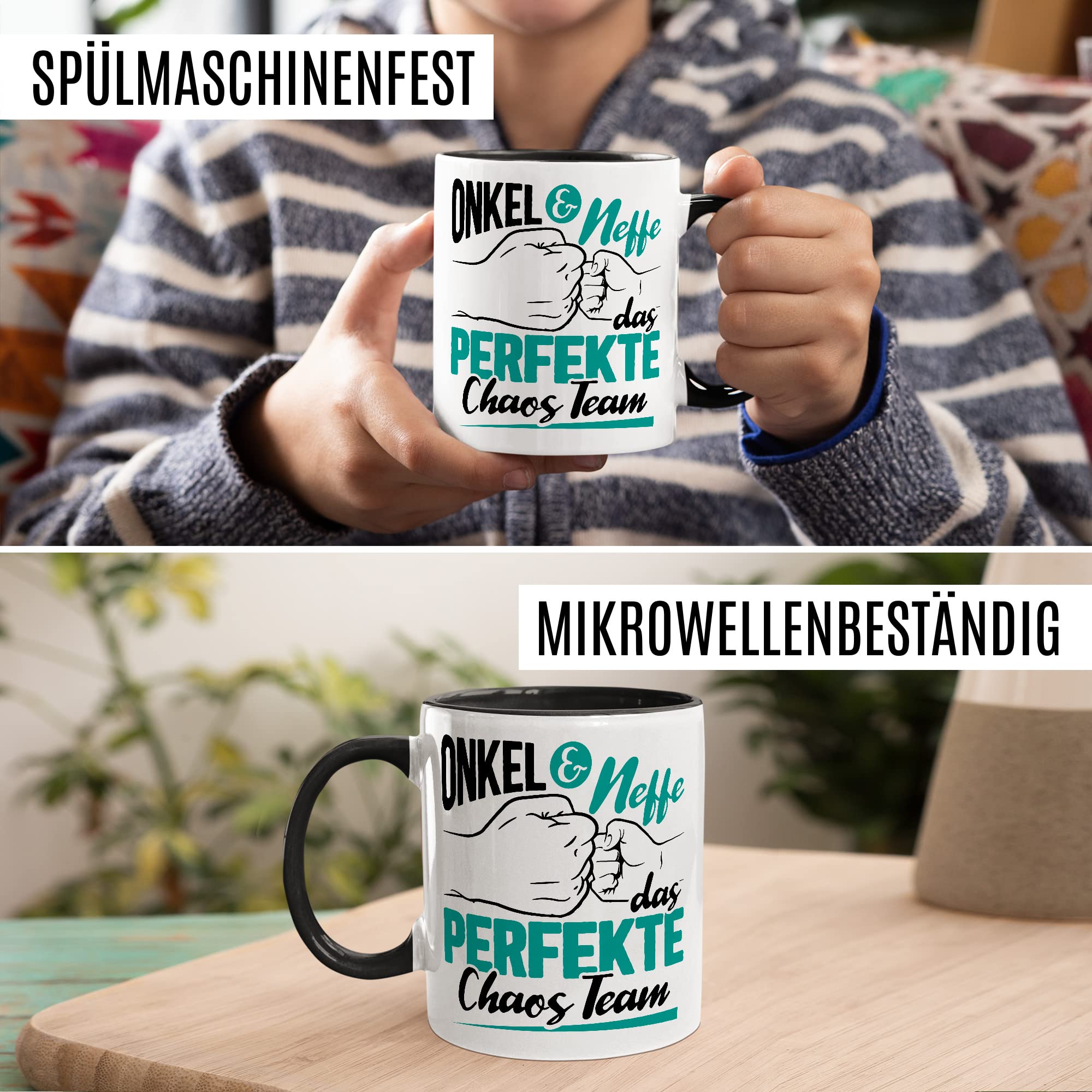 Onkel Tasse Neffe Geschenk lustig Chaos-Team Bruder Kaffeetasse Nichte Kaffee-Becher Geschenkidee Familie Humor Geschwister Patenonkel Pate Patenkind