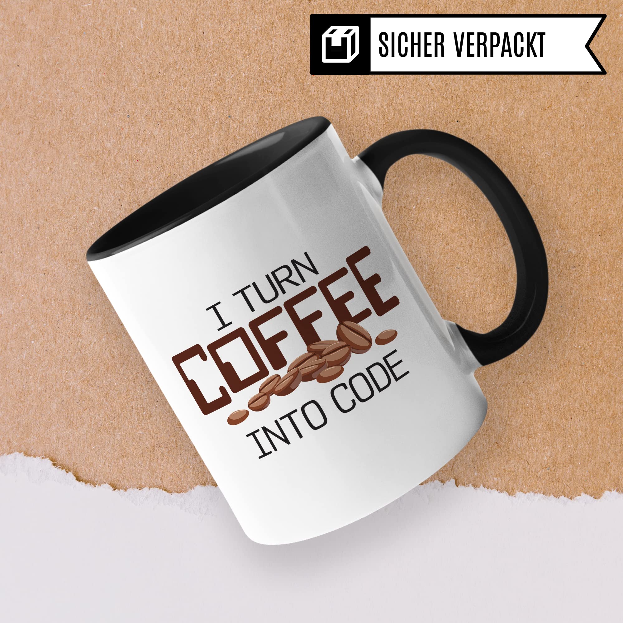 Informatik Geschenk Tasse, I turn Coffee into Code Geschenkidee für Informatiker Kaffee-Becher Informatikerin Programmieren Kaffeetasse mit Spruch lustig Coding