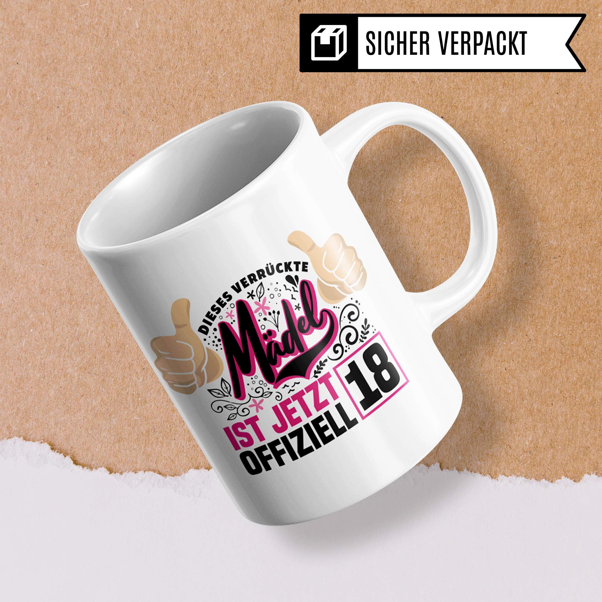 Pagma Druck Mädchen 18 Jahre Geburtstag Tasse, Volljährig Geschenk Becher, 18 Jahre alt Geschenkidee, Kaffeetasse Geburtstagsgeschenk (Weiß/Weiß)