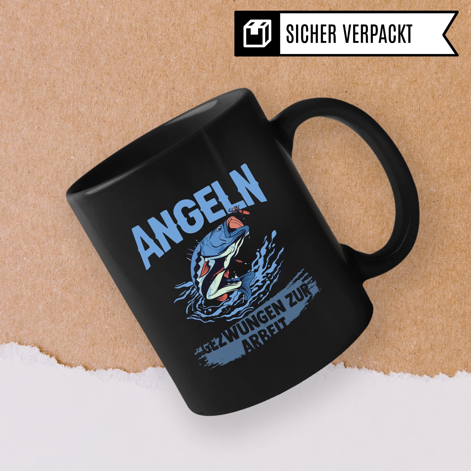 Tasse Angler, Geboren zum Angeln - Gezwungen zur Arbeit Geschenk Geschenkidee Fischer Bürogeschenk Kaffeetasse mit Spruch lustig Kaffee-Becher