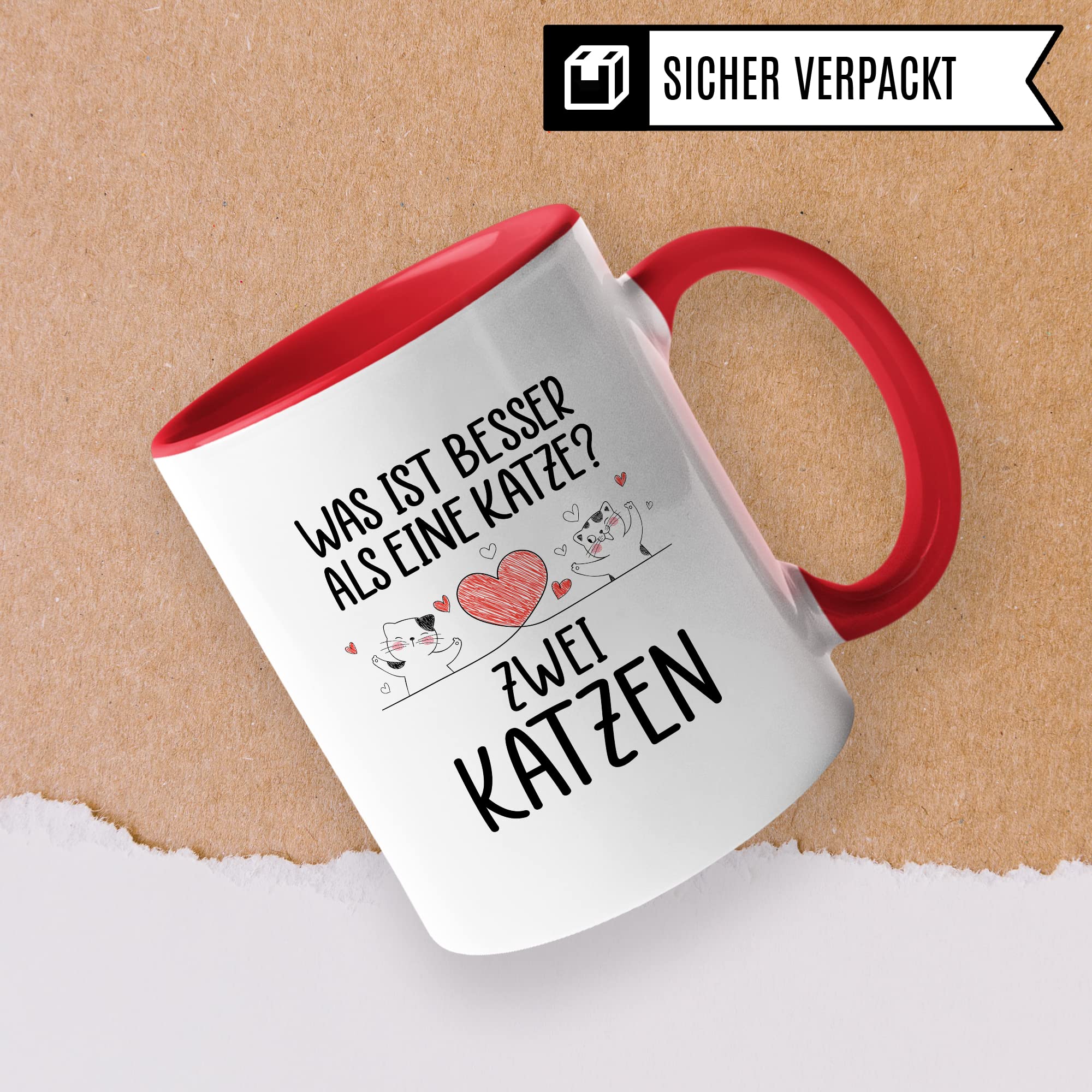 Katzen Tasse Kaffeetasse Humor Kaffee-Becher mit Spruch Katze Witz Katzenmama Geschenk Geschenkidee für Katzenliebhaber Kaffee und Katzen Kaffeeliebhaber Tasse fürs Büro Zwei Katzen