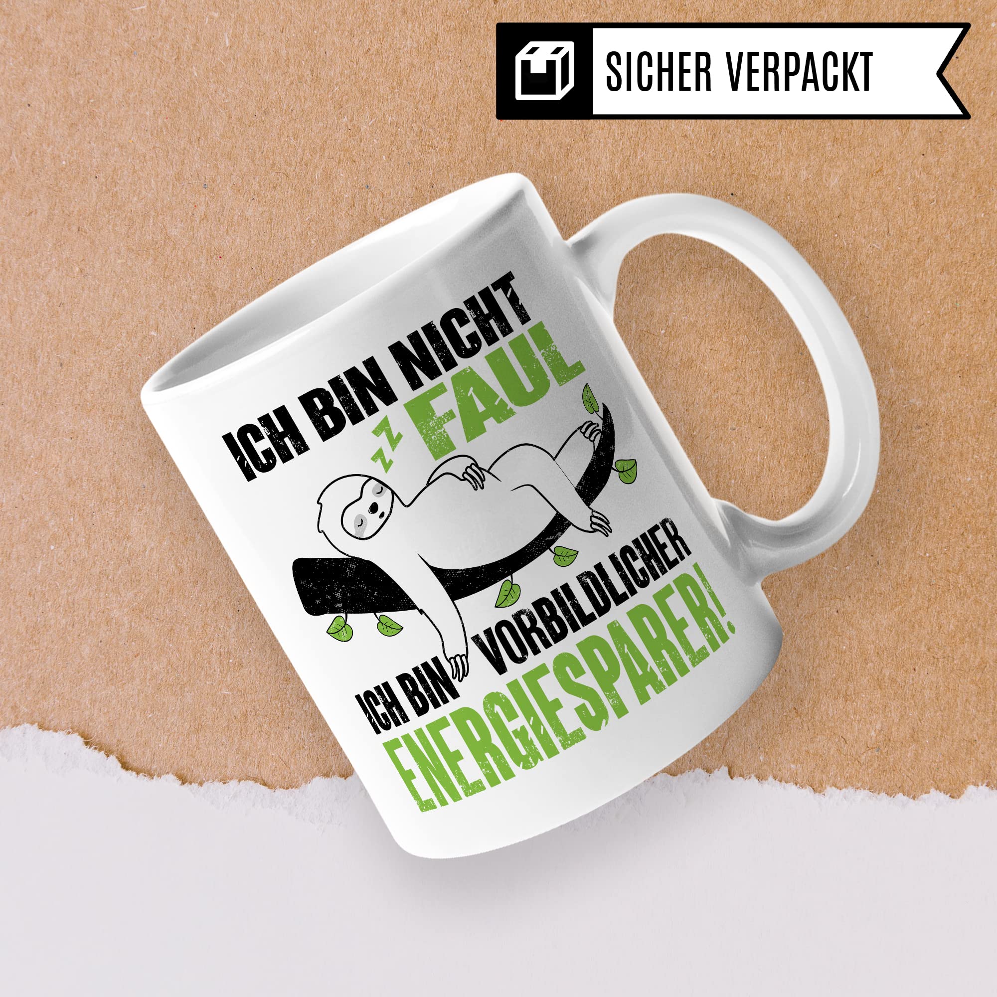 Tasse Energiesparer Geschenk, Ich bin nicht faul Ich bin vorbildlicher Energiesparer Geschenkidee Kaffeetasse mit Spruch lustig Kaffee-Becher Witztasse umweltfreundlich Faulheit Faultier