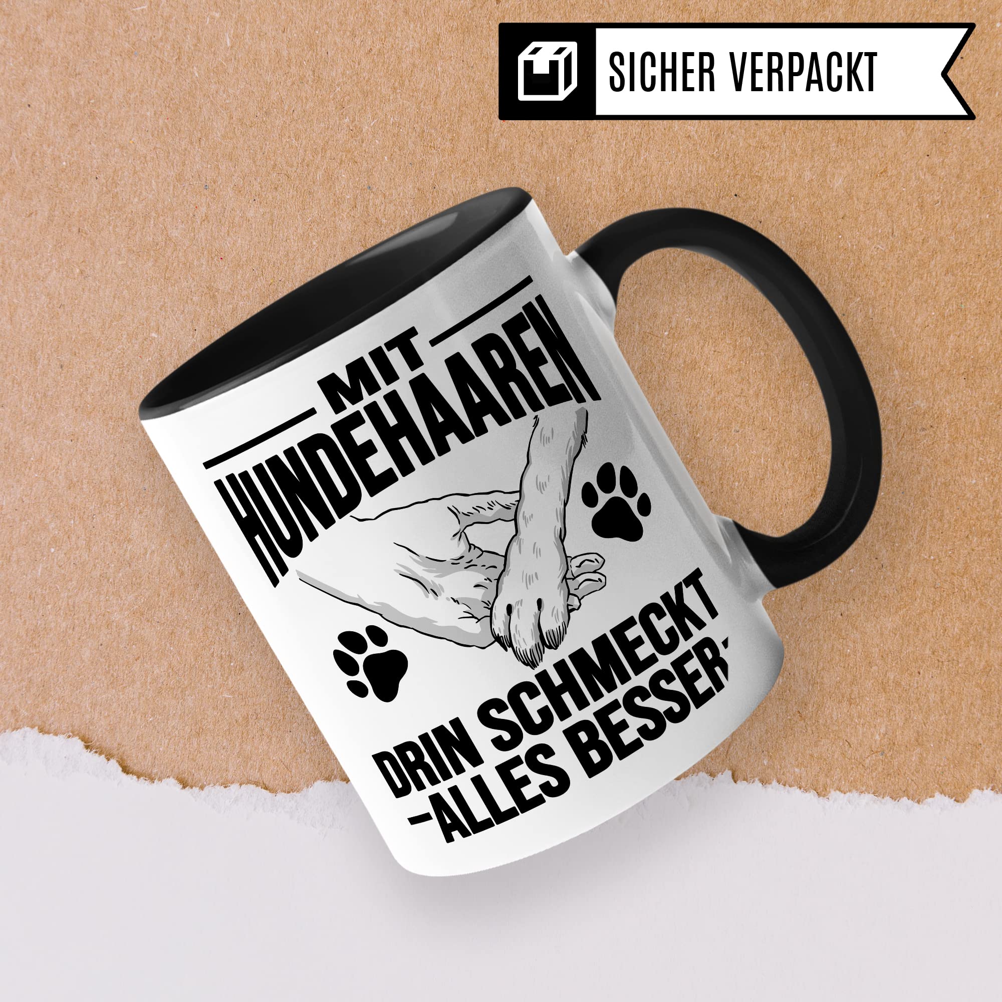 Hunde Tasse Geschenk, Mit Hundehaaren drin schmeckt alles besser Geschenkidee Hundebesitzer Kaffee-Becher Kaffeetasse Teetasse Hundehalter Hund Tasse mit Spruch lustig