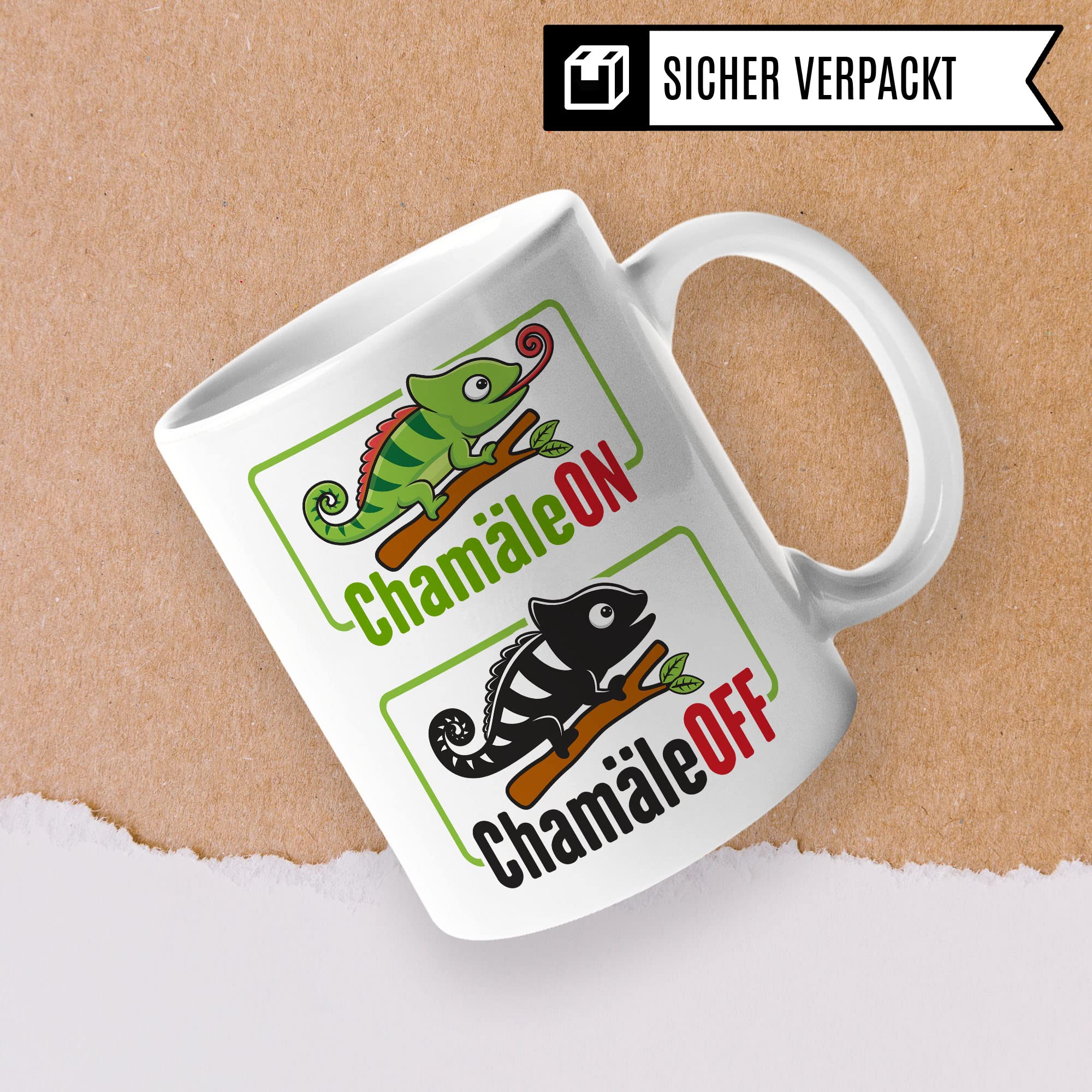 Tasse ChamäleON ChamäleOFF, Lustige Tasse mit Spruch und Tier Motiv, Büro lustig Sarkasmus Comic Witz Tiere Chamäleon Geschenk