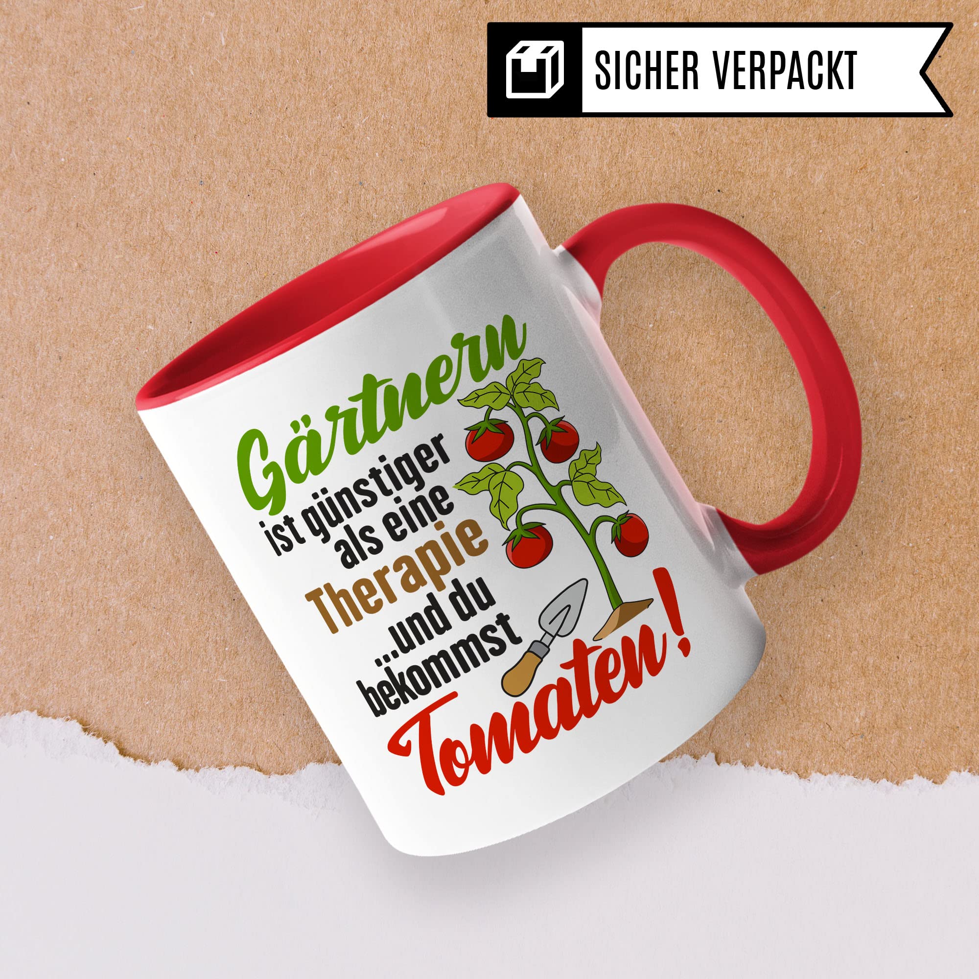 Garten Tasse, Gärtnern ist günstiger als eine Therapie - ...und du bekommst Tomaten!, Geschenk Gartenliebhaber Garten-Motiv Kaffeebecher Hobby-Gärtner Hobby-Gärtnerin, Tomaten-Pflanzen-Motiv Kaffeetasse