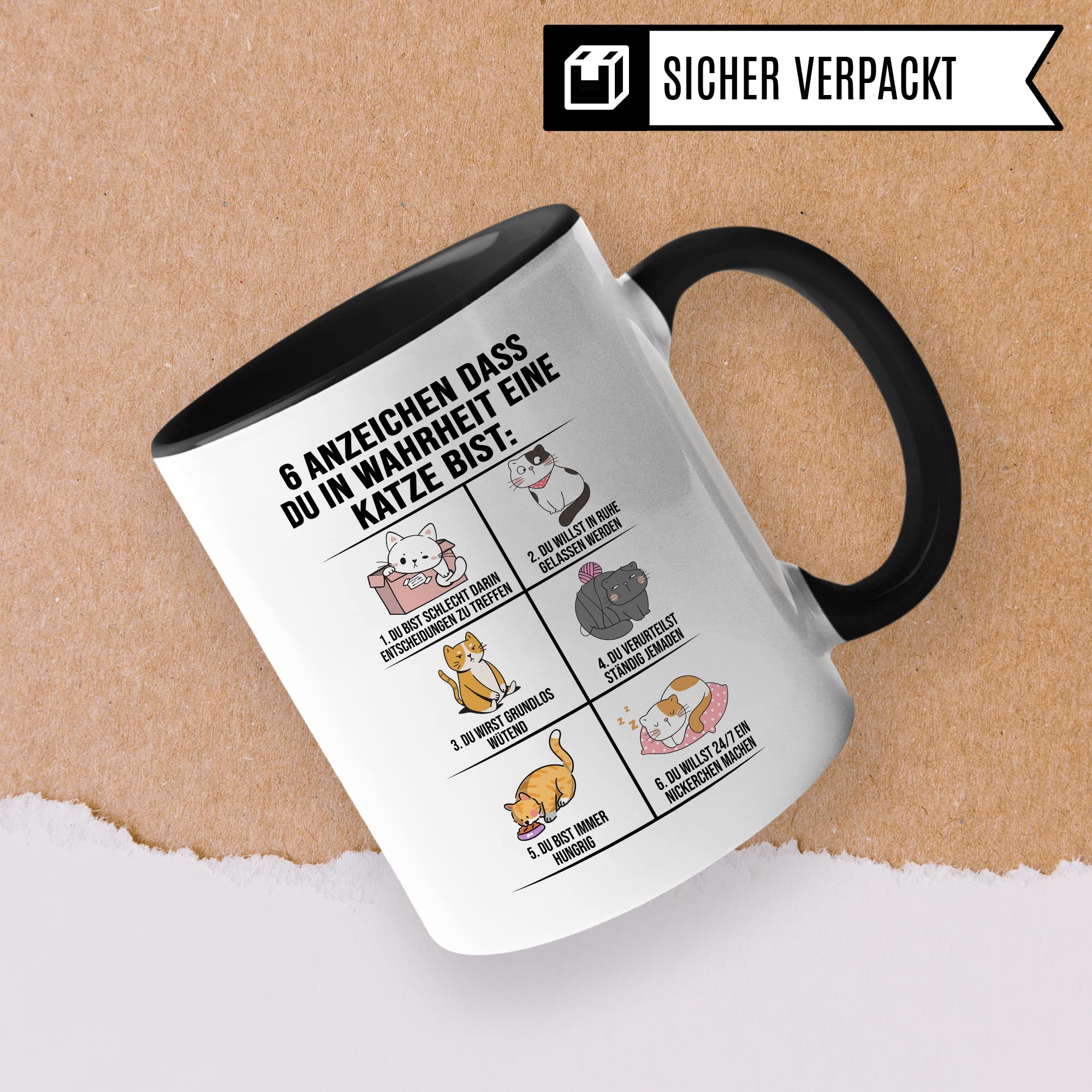 Lustige Tasse Katzen Kaffeetasse Humor Kaffee-Becher mit Spruch Katze Witz 6 Anzeichen dass du eine Katze bist Witz Katzenmama Geschenk Geschenkidee für Katzenliebhaber