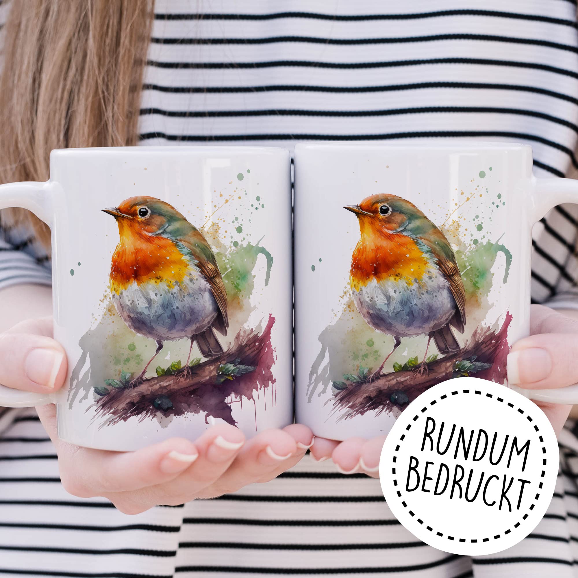 Rotkehlchen Tasse Wasserfarben Tier Geschenkidee Vogel Kaffeetasse Geschenk für Birdspotter Kaffeebecher Vögel Becher