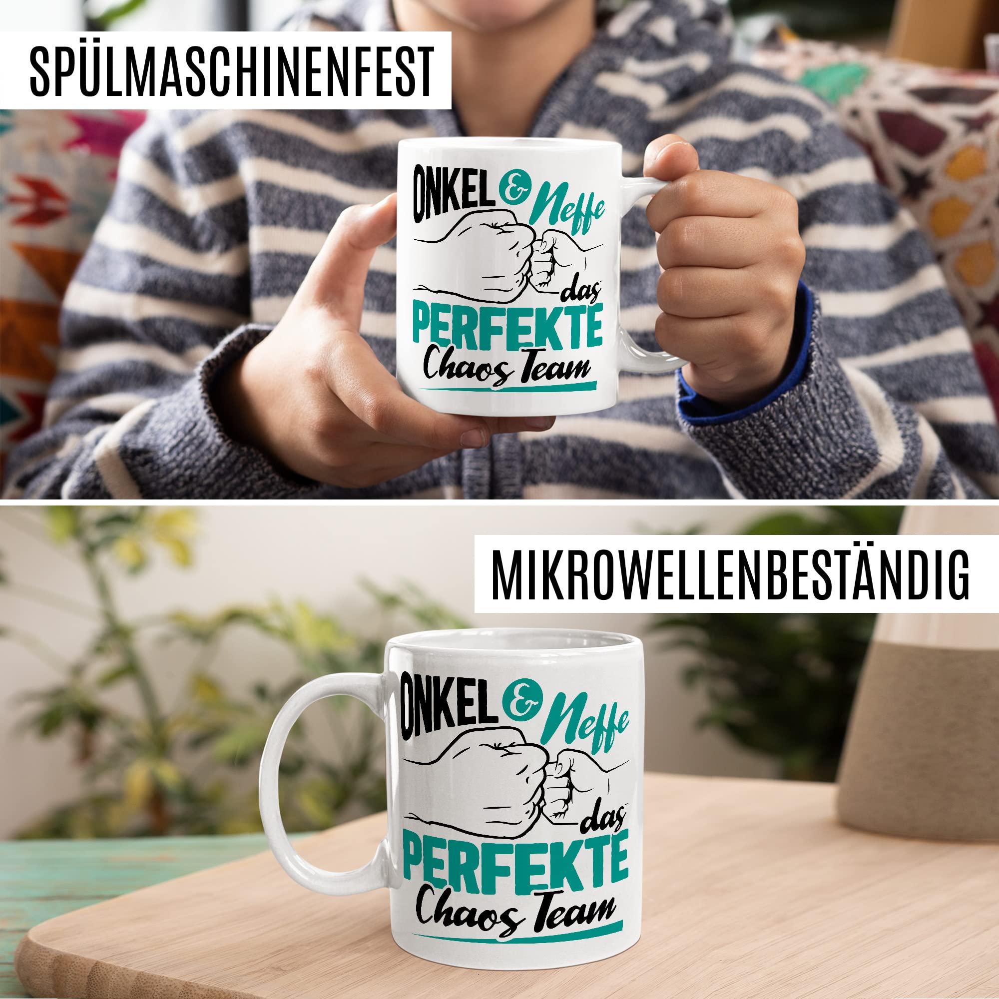 Onkel Tasse Neffe Geschenk lustig Chaos-Team Bruder Kaffeetasse Nichte Kaffee-Becher Geschenkidee Familie Humor Geschwister Patenonkel Pate Patenkind