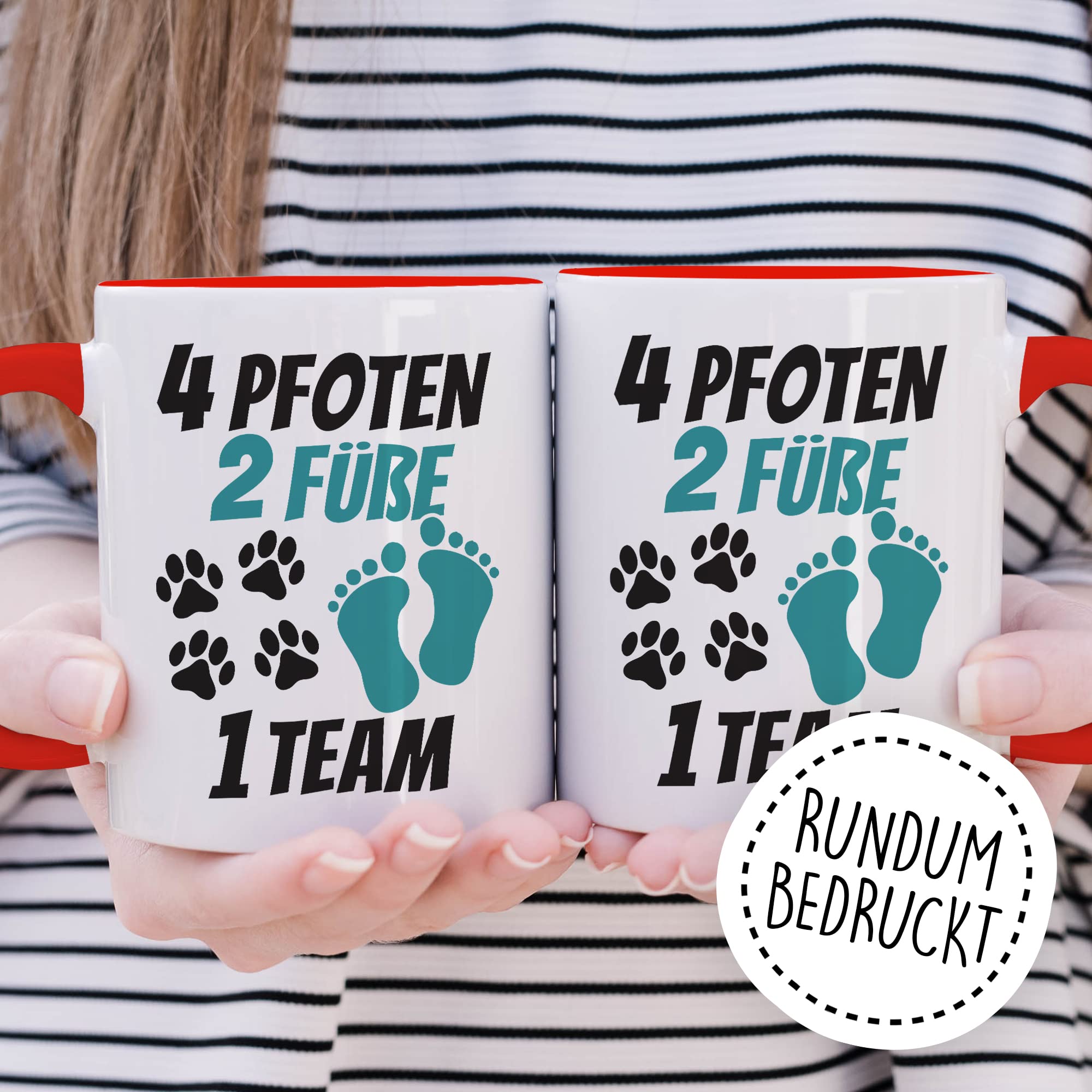 Tasse Hundebesitzer Geschenk, 4 Pfoten 2 Füße 1 Team Geschenkidee Kaffeetasse mit Spruch Hundehalter Hunde-Liebhaber Hund Kaffee-Becher Hand & Pfote Vierbeiner