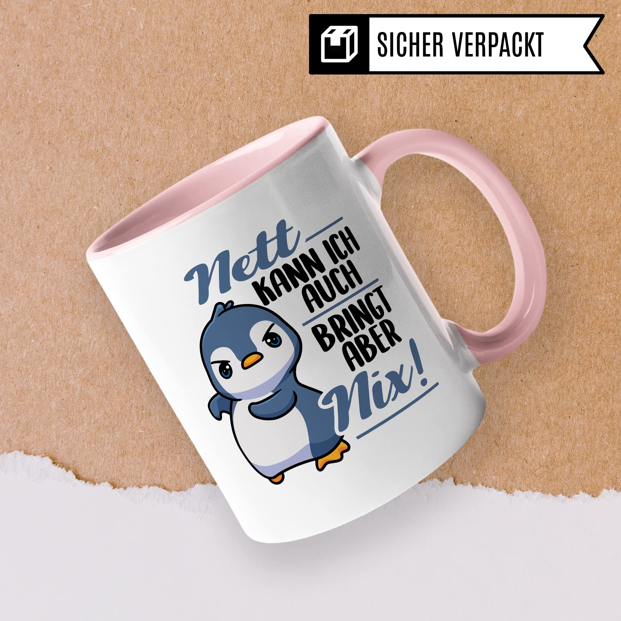 Tasse Spruch, Nett kann ich auch - bringt aber nix Kaffeetasse mit Spruch lustig Kaffee-Becher Pinguin-Motiv böser Humor Geschenk Geschenkidee Teetasse