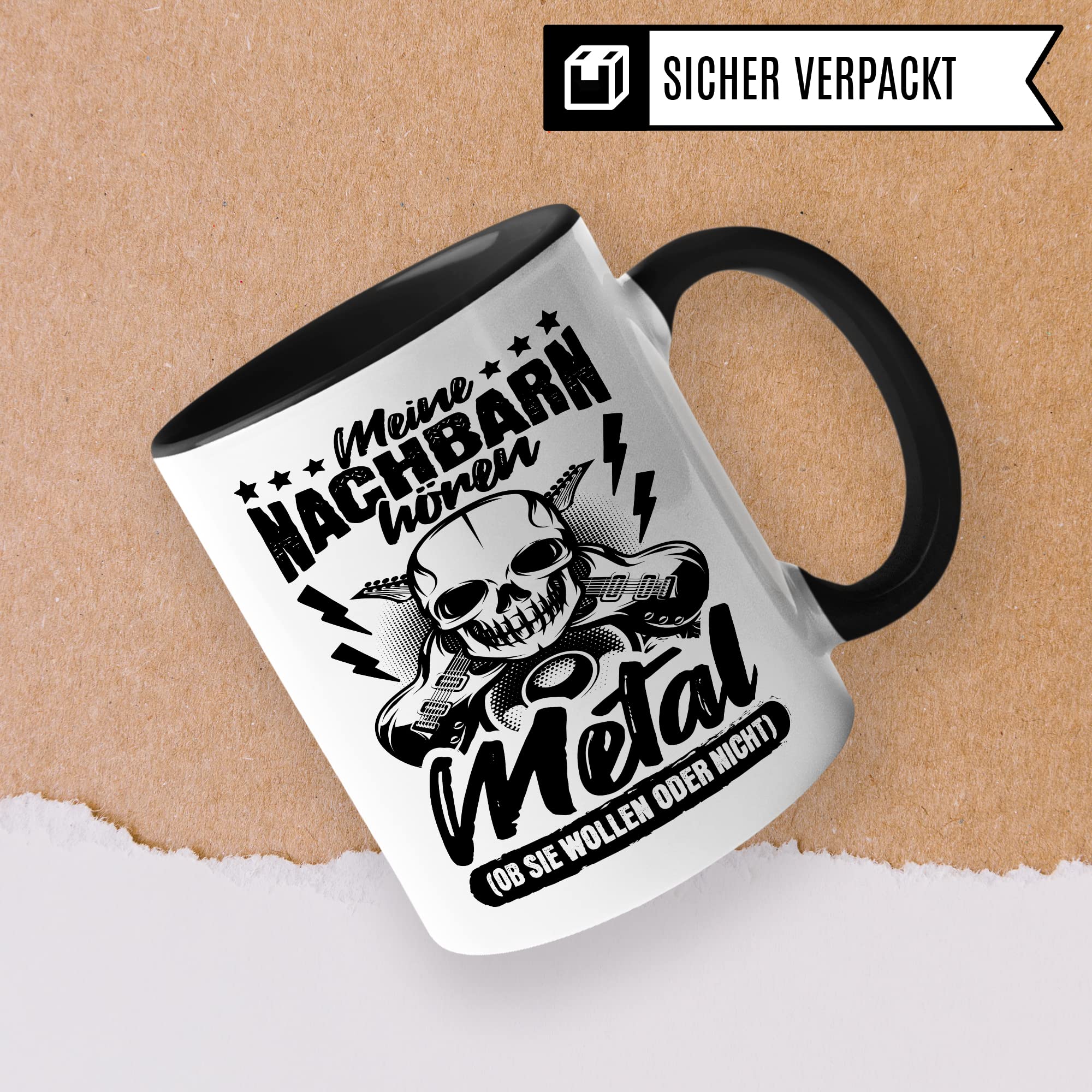 Metal Tasse Rocker Kaffeetasse Metal Fan Geschenkidee Kaffee-Becher Metalic Geschenk Spruch lustig Humor Teetasse Witz Meine Nachbarn hören Metal