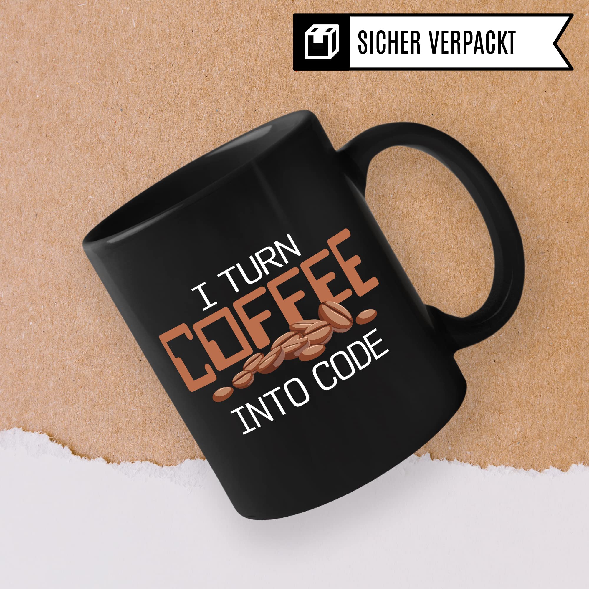 Informatik Geschenk Tasse, I turn Coffee into Code Geschenkidee für Informatiker Kaffee-Becher Informatikerin Programmieren Kaffeetasse mit Spruch lustig Coding