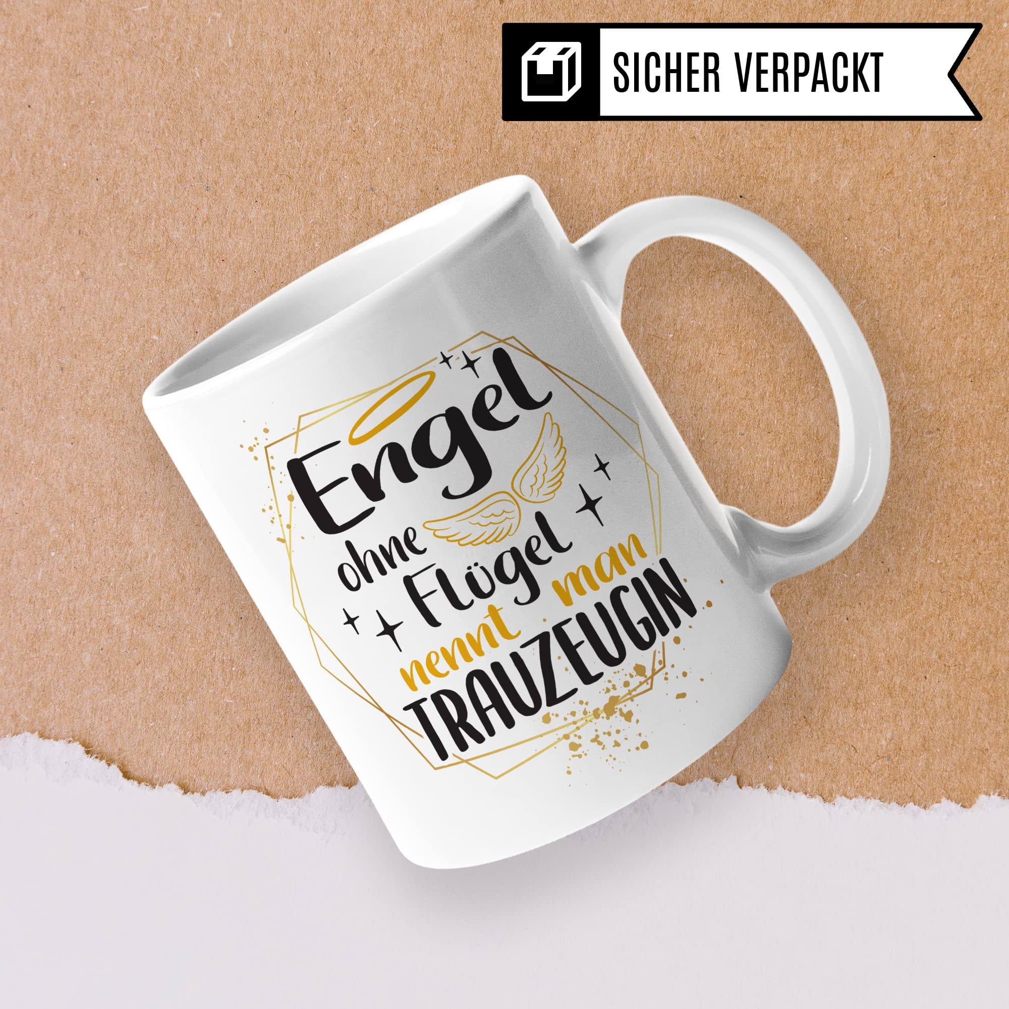 Trauzeugin fragen Tasse Engel ohne Flügel nennt man Trauzeugin Spruch Geschenk Trauzeugin süßes Motiv schöne Geschenkidee Kaffeetasse Teebecher Hochzeit