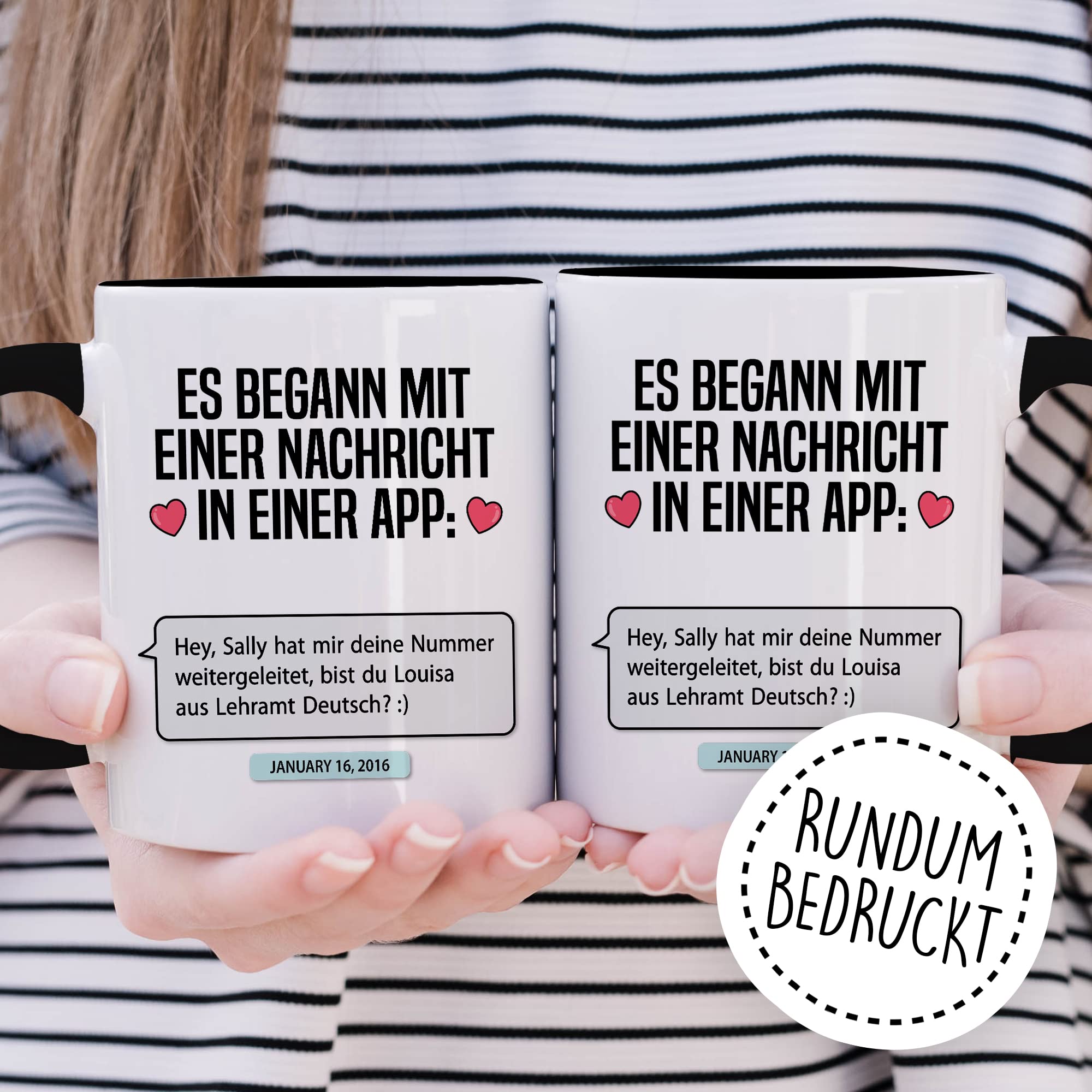 Valentinstag Tasse personalisierbar Geschenk, Es begann mit einer Nachricht in einer App: (personalisiert) Geschenkidee Freundin Kaffeetasse mit anpassbarem Text persönlicher Kaffee-Becher