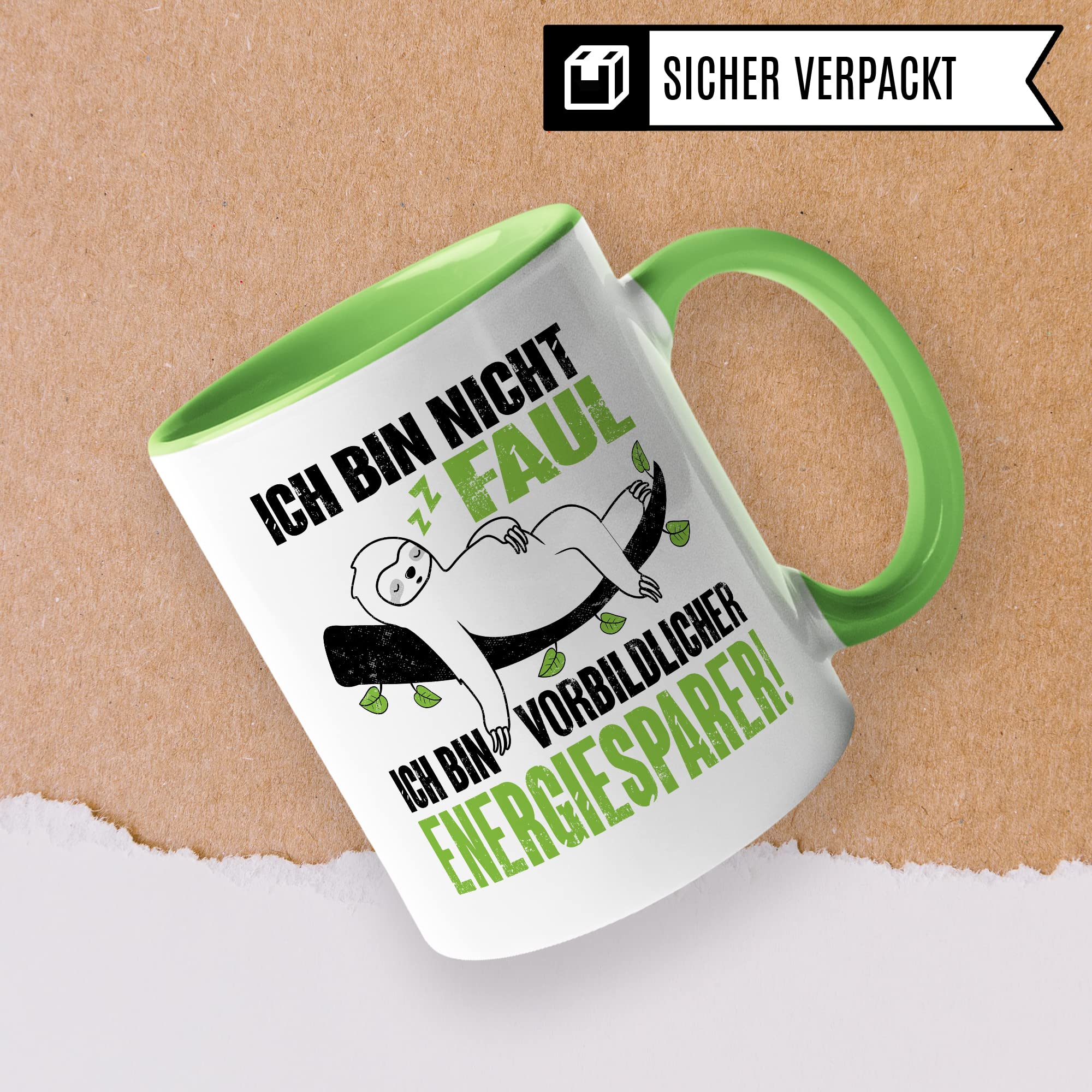 Tasse Energiesparer Geschenk, Ich bin nicht faul Ich bin vorbildlicher Energiesparer Geschenkidee Kaffeetasse mit Spruch lustig Kaffee-Becher Witztasse umweltfreundlich Faulheit Faultier