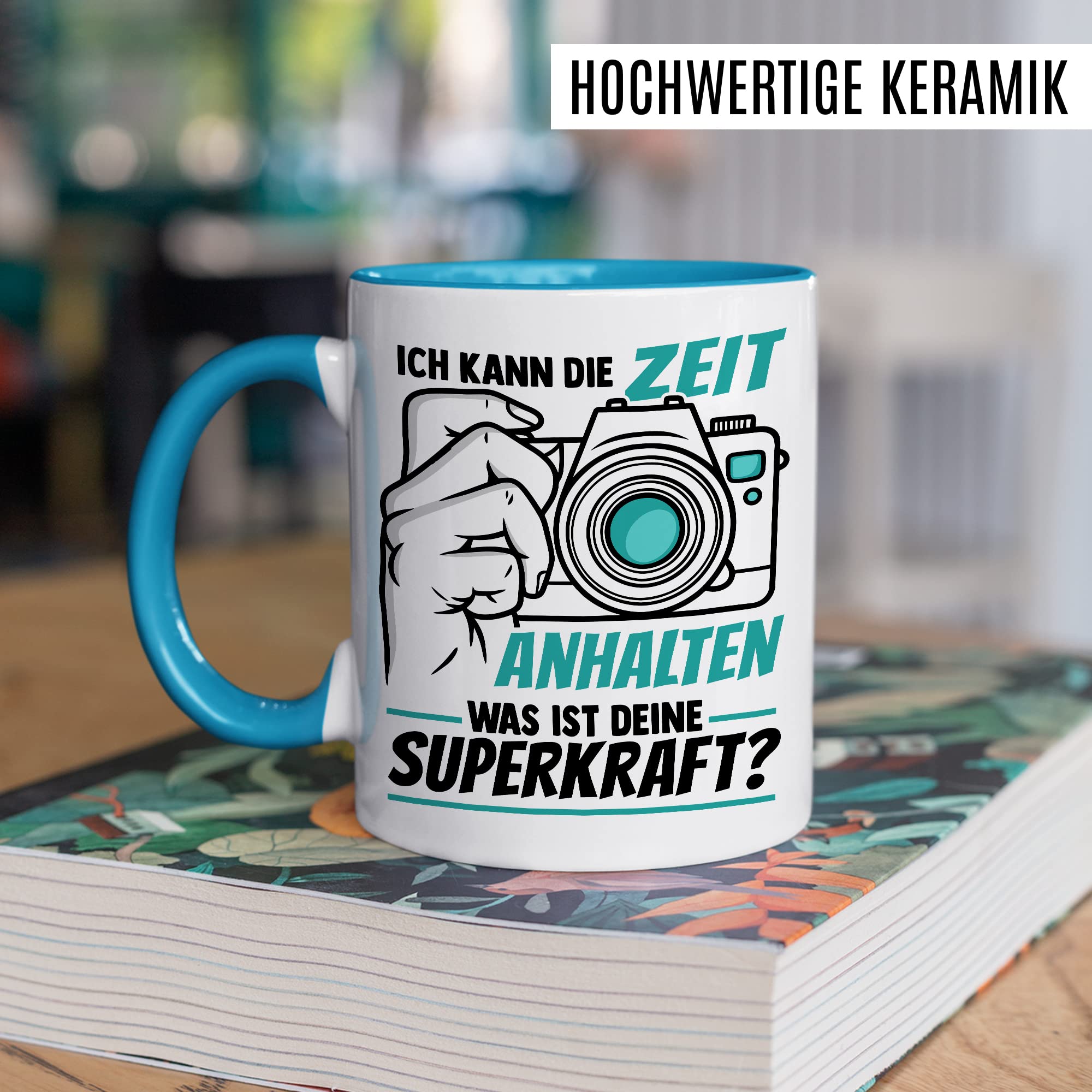 Tasse Kameramann Geschenk, Ich kann die Zeit einhalten - Und was ist deine Superkraft Geschenkidee Fotograf Kaffee-Becher Kaffeetasse mit Spruch lustig Kamera fotografieren