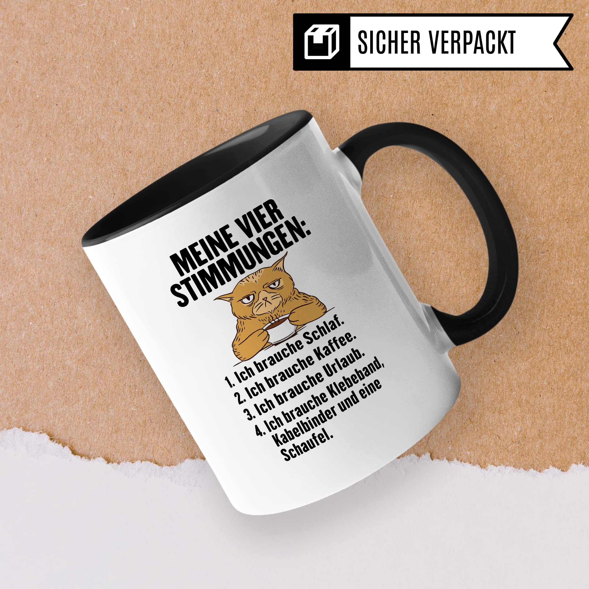 Tasse Humor Geschenk, Meine vier Stimmungen Kaffeetasse mit Spruch lustig Geschenkidee Kaffee-Becher Flachwitz humorvolle Teetasse Witzbold Humortasse