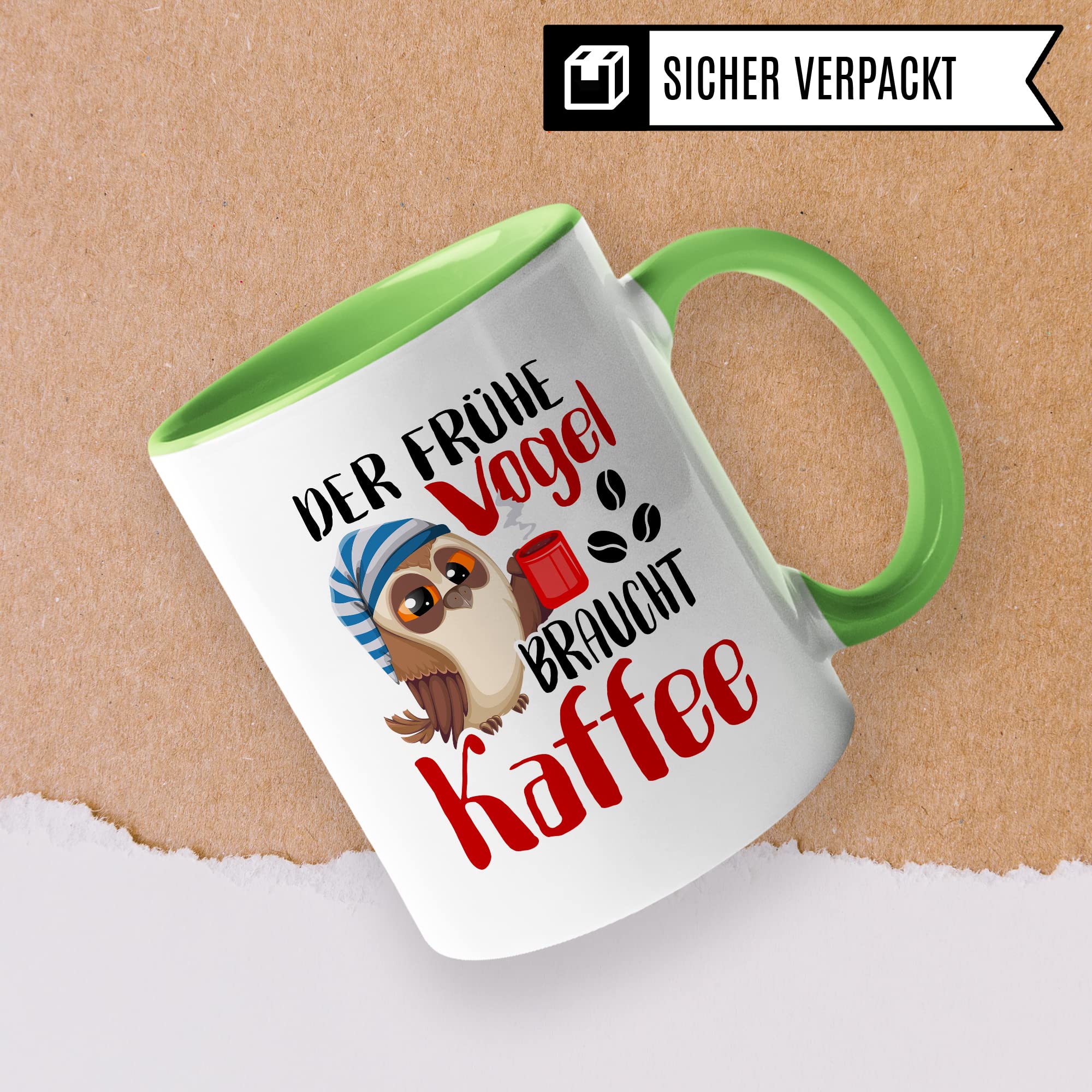 Früher Vogel Tasse lustig Kaffeetasse mit Spruch Kaffee-Becher Moorgenmuffel Humor Geschenk Geschenkidee Der frühe Vogel braucht Kaffee Witz Langschläfer Büro Tasse