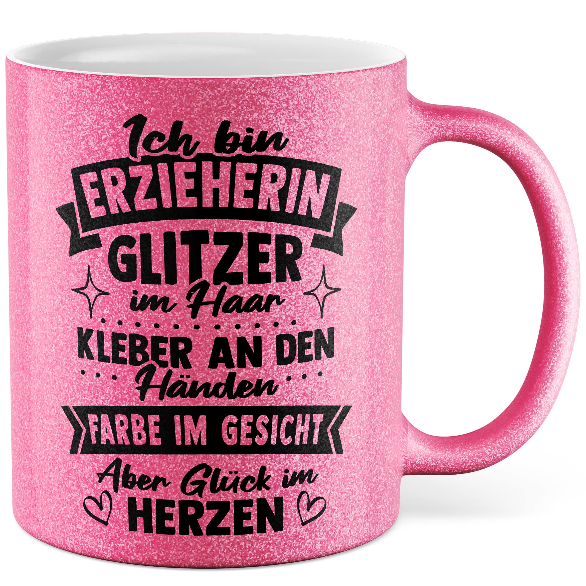 Erzieherin Tasse Geschenk Ich bin Erzieherin - Glitzer im Haar - Kleber an den Händen Geschenkidee Kindergärtnerin Kaffeetasse mit Spruch lustig Kaffee-Becher Kindergarten Kinderheim