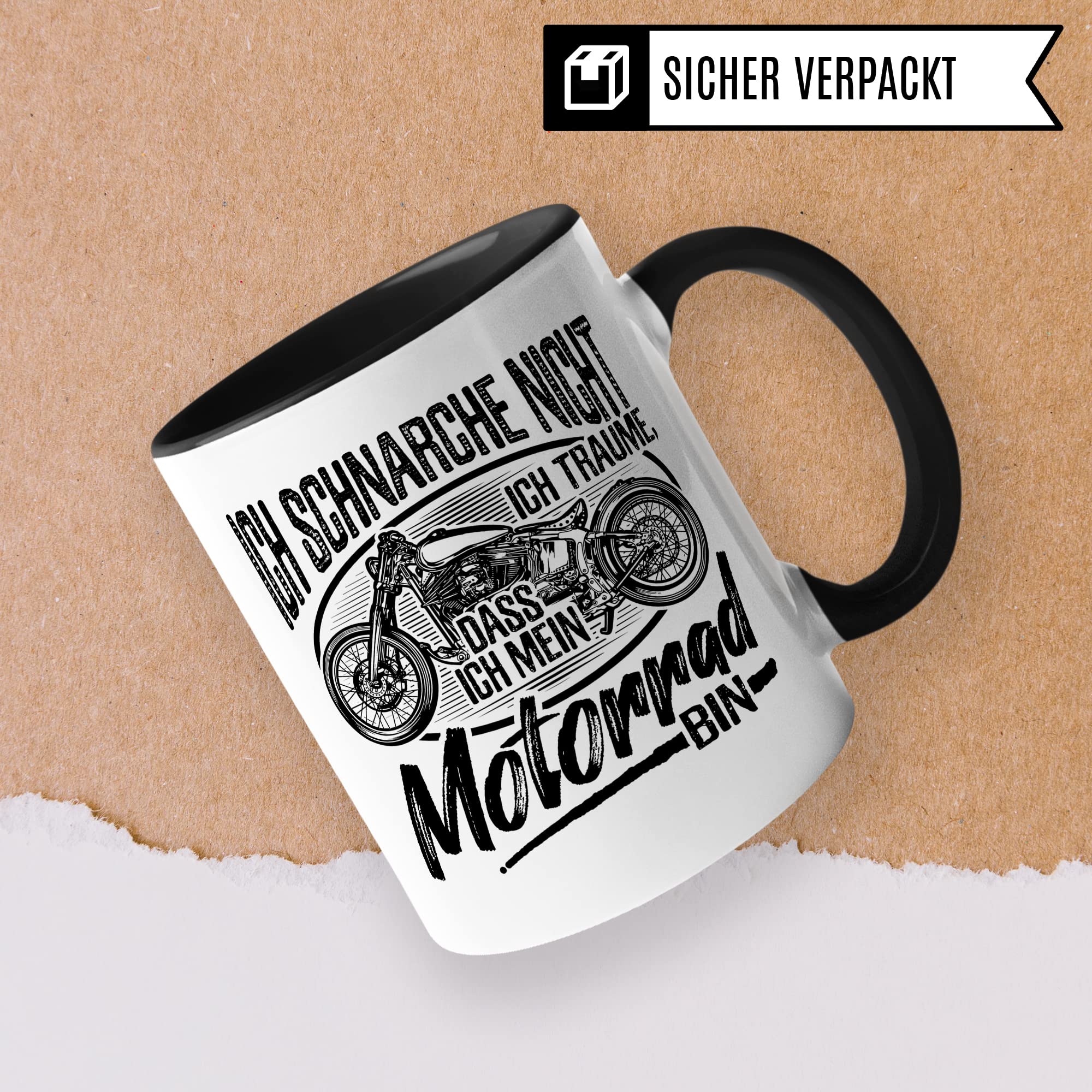 Motorrad Tasse mit Spruch, Ich schnarche nicht - Ich träume, dass Ich mein Motorrad bin, Biker Geschenk lustig Geschenkidee Kaffeetasse Motorradfahrer Motorradfahrerin Kaffee-Becher