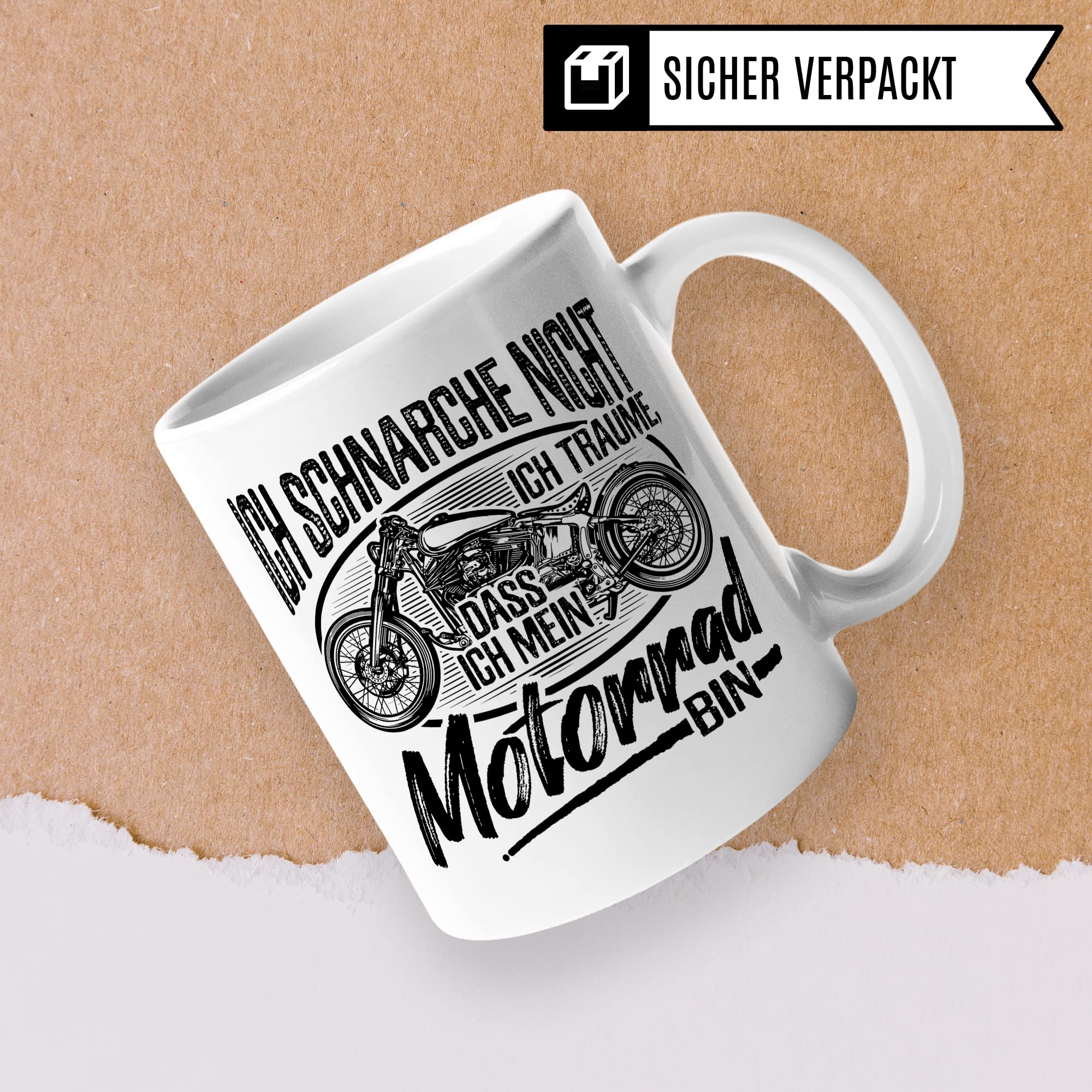 Motorrad Tasse mit Spruch, Ich schnarche nicht - Ich träume, dass Ich mein Motorrad bin, Biker Geschenk lustig Geschenkidee Kaffeetasse Motorradfahrer Motorradfahrerin Kaffee-Becher